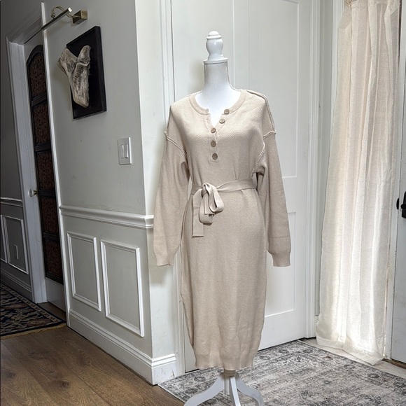 Merokeety Womens Beige Knit Sweater Dress Henley Button Belted Midi Small - Picture 2 of 10